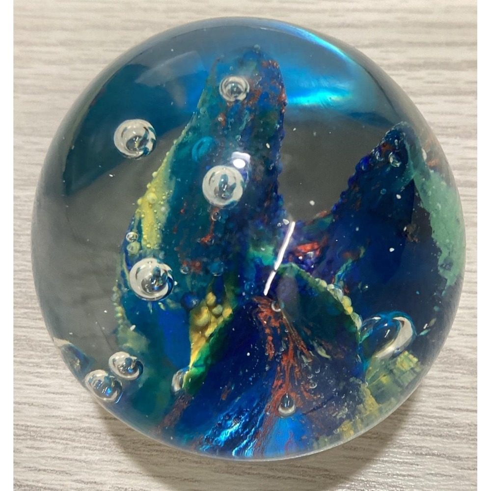 Art Deco Glass‎ Paperweight 2.5x2.75" Multicolor Ocean Theme w/ Air Bubbles